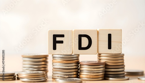 Stacks of coins with wooden blocks spelling out FDI, representing foreign direct investment.