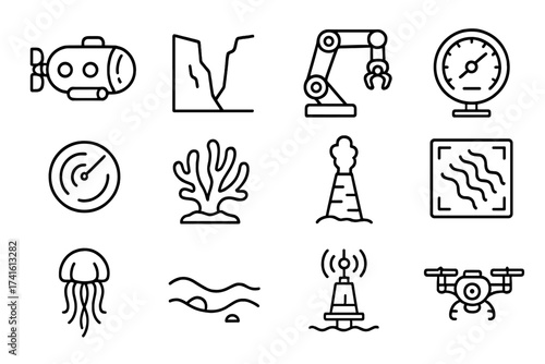 Deep Sea Exploration Icons. Outline vector icons of deep sea exploration: submersible vehicle, abyss trench,