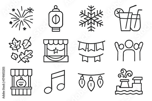 Seasonal Celebration Icons. Outline vector icons of seasonal celebrations: fireworks burst, lantern icon,