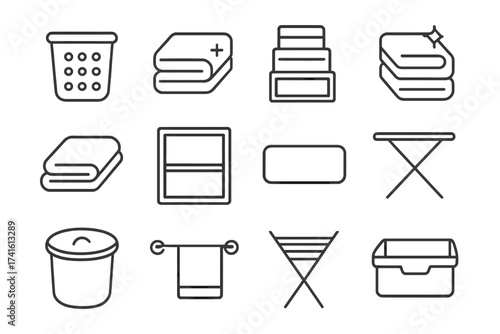 Laundry Icons Grid. Outline vector icons of laundry and linen organization: laundry bin, clean towel, storage