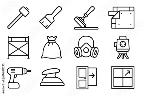 Building Renovation Icons. Outline vector icons of building renovation tasks: sledgehammer, paintbrush, tile