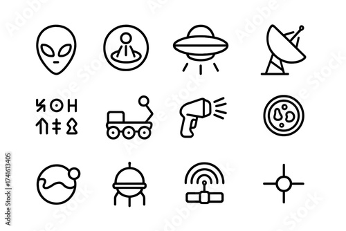 Alien Exploration Icons. Outline icon set of alien life exploration: alien head, crop circle, UFO,