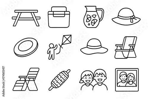 Family Picnic Icons. Outline icon set of family summer gathering: picnic table, cooler box, lemonade pitcher,