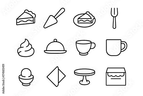 Pie Serving Icons. Outline icon set of serving pies: pie slice, pie server, dessert plate, fork, whipped cream