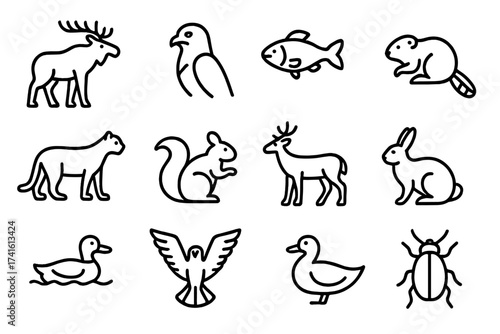 Alpine Wildlife Icon Set. Outline icon set of wildlife near alpine lakes: moose, eagle, fish, beaver, mountain