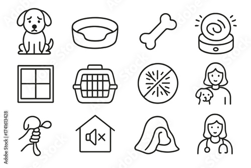 Pet Safety Icons. Outline icon set of pet safety during fireworks: scared pet, pet bed, calming treats, white
