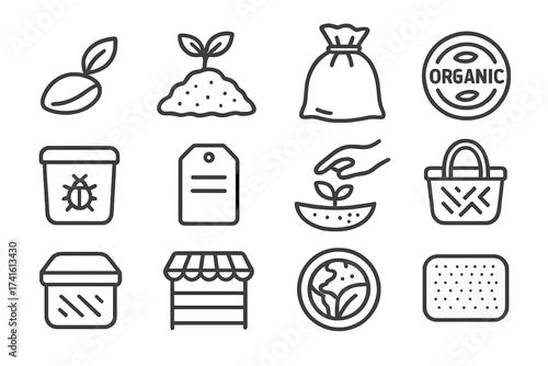 Organic Seed Care Icons. Outline icon set of organic seed care: untreated seed, compost icon, cloth bag,