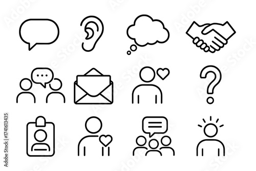 Invisible Disability Icons. Outline icon set of invisible disability communication: speaking bubble, listening