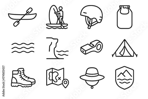 Outdoor Adventure Icons. Outline icon set of outdoor water adventures: canoe, stand-up paddleboard, helmet,