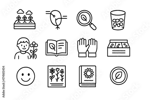 Youth Seed Education Icons. Outline icon set of youth seed-saving education: school garden, labeled diagram,