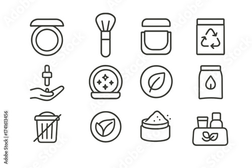 Eco-friendly Cosmetics Icons. Outline icon set of eco-friendly cosmetics: paper compact, bamboo brush, refill