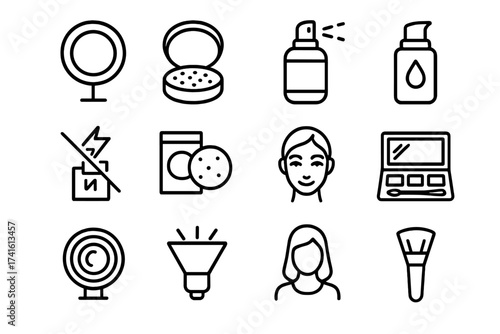 Makeup Icons Grid. Outline icon set of makeup for photography: ring light, photo-ready powder, setting spray,