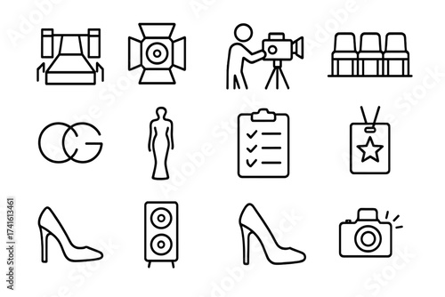 Fashion Runway Icons. Outline icon set of high fashion runway: catwalk stage, spotlight, camera crew, front