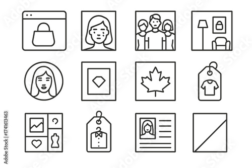 Fashion Campaign Icons. Outline icon set of fashion campaign concepts: product focus icon, emotion shot, model