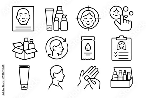 Skincare Icons Overview. Outline icon set of customized skincare kits: skin analysis sheet, curated products,