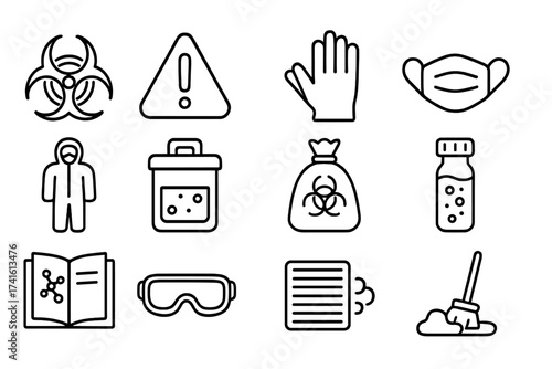 Nanosafety Protocol Icons. Outline icon set of nanosafety protocols: biohazard label, warning triangle, gloves