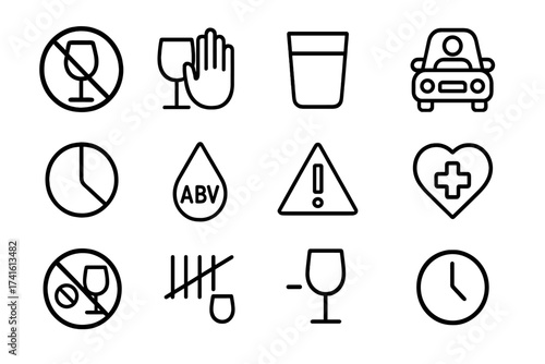 Alcohol Safety Icons. Outline icon set of alcohol safety and moderation: no underage sign, drink responsibly,