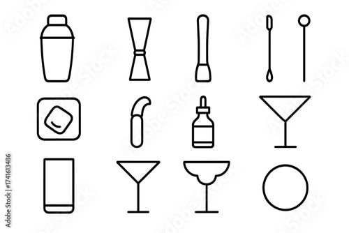 Cocktail Essentials Icons. Outline icon set of cocktail essentials: cocktail shaker, jigger, muddler, mixing