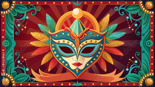 Festive Carnival poster vector, ornate mask border, decorative vintage frame, colorful festive background, elegant ornament details, center left empty, perfect for seasonal card, greeting cover, 