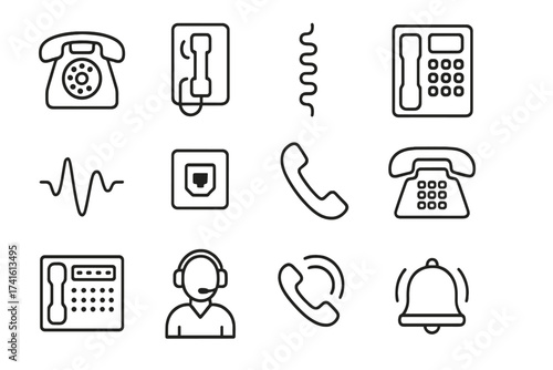 Telephone Evolution Icons. Outline icon set of telephone development: rotary dial, wall phone, coiled wire,
