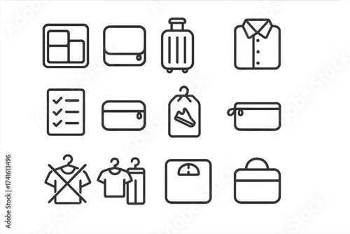 Travel Packing Icons. Outline icon set of packing and wardrobe travel: travel organizer, packing cube,
