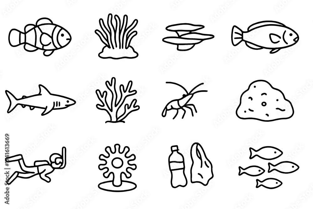 Naklejka premium Coral Reef Icons. Outline icon set of coral reef life: clownfish, sea anemone, reef plate, parrotfish, reef