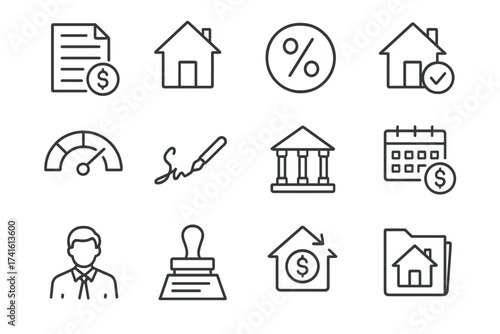 Mortgage Icon Set. Outline icon set of loan and mortgage services: loan document, house icon, interest rate,