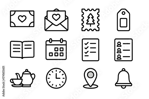 Tea Party Icons. Outline icon set of tea party invitation and planning: invite card, RSVP envelope, holiday