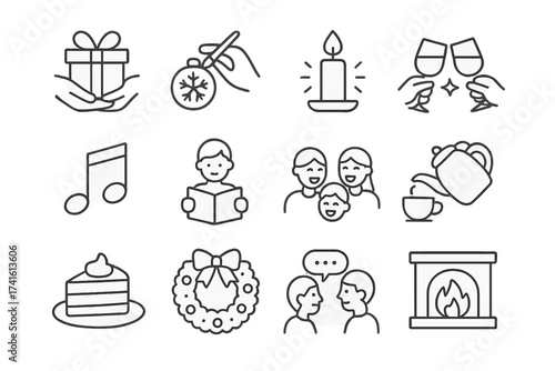 Christmas Tea Icons. Outline icon set of Christmas tea party traditions: gift exchange, ornament craft, candle