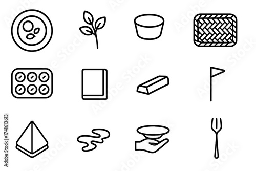 Food Styling Icons. Outline icon set of food styling for serving: plate arrangement, garnish sprig, dipping