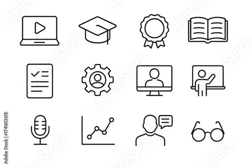 Continuous Learning Icons. Outline icon set of continuous learning: online course, graduation cap, certificate