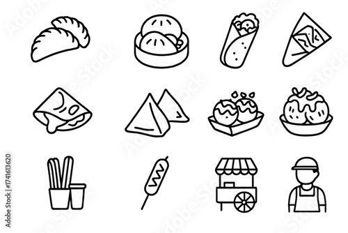 Street Food Icons. Outline icon set of global street foods: empanadas, bao buns, falafel wrap, crepes, samosas