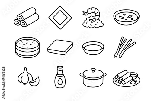 Asian Appetizer Icons. Outline icon set of Asian appetizer preparation: spring rolls, wonton wrapper, shrimp