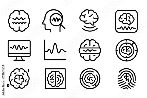 Brainwave Icon Set. Outline icon set of brainwave decoding: alpha waves, beta scanner, gamma signal, neural