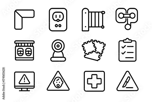 Child Safety Icons. Outline icon set of household safety for children: corner protector, outlet cover, gate
