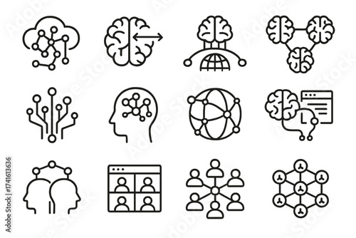 Neural Ecosystem Icons. Outline icon set of future neural ecosystems: neural cloud, brain sync icon, signal