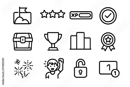 Video Game Icons. Outline icon set of video game win screen: level cleared icon, ranking stars, XP bar,