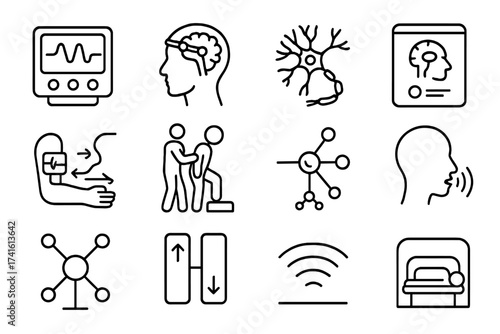 Neural Rehab Icon Set. Outline icon set of neural rehabilitation tools: neurotherapy device, brain stimulator,