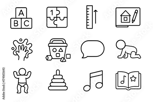 Early Childhood Icons. Outline icon set of early childhood development: alphabet blocks, number puzzle, growth