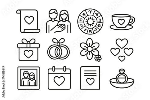 Traditional Matchmaking Icons. Outline icon set of traditional matchmaking customs: matchmaker scroll,