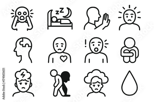 PTSD Symptoms Icons. Outline icon set of PTSD symptoms and signs: panic icon, insomnia, avoidance,
