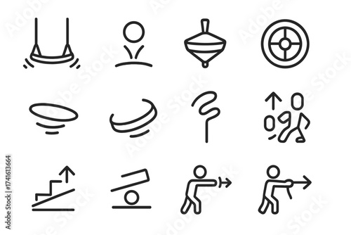 Kinetic Play Icons. Outline icon set of kinetic play motion: swing chain, bouncing ball, spinning top, rolling