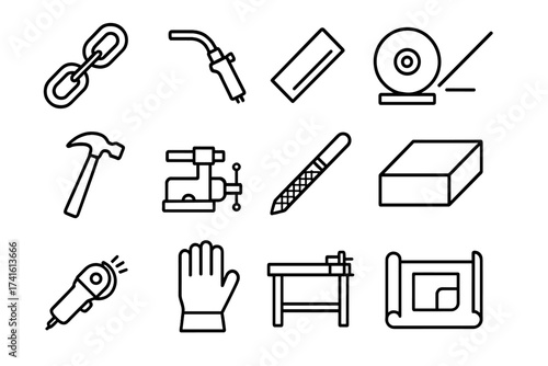 Metalworking Basics Icons. Outline icon set of metalworking basics: steel chain, welding torch, metal bar,