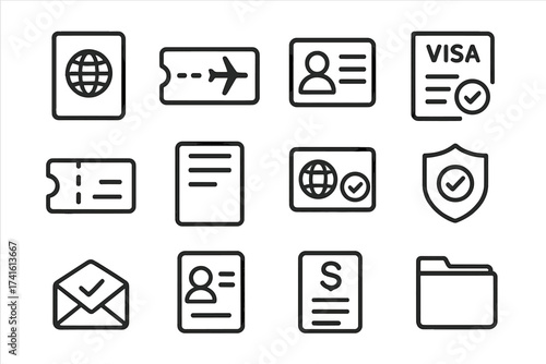 Travel Documents Icons. Outline icon set of travel documents: passport, boarding pass, ID card, visa, entry
