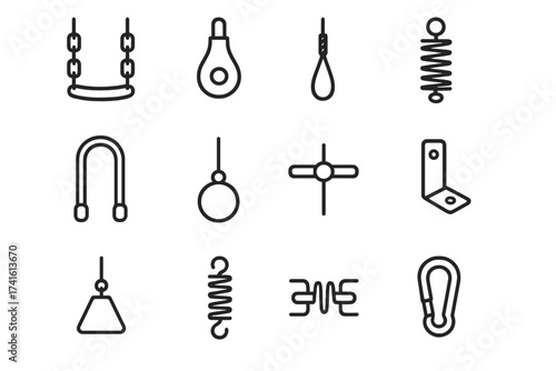 Suspension Mechanisms Icons. Outline icon set of suspension mechanisms: swing chain, rope pulley, cable wire,
