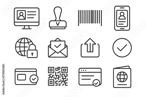 E-Visa Process Icons. Outline icon set of e-visa process: computer screen, digital stamp, barcode, mobile ID,