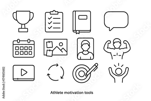 Athlete Motivation Icons. Outline icon set of athlete motivation tools: trophy, checklist, journal, mantra