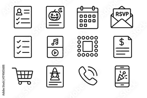Halloween Party Planning Icons. Outline icon set of Halloween party planning: guest list, event flyer,