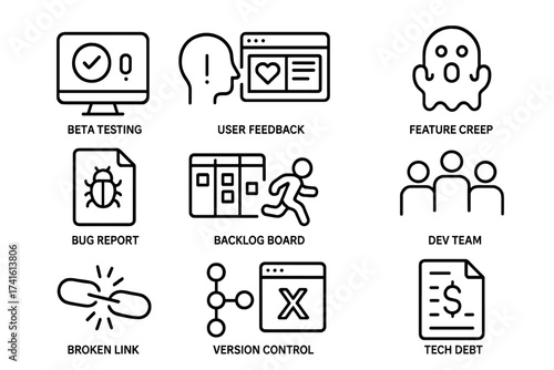 Product Development Icons. Outline icon set of product development hurdles: beta testing, user feedback, MVP