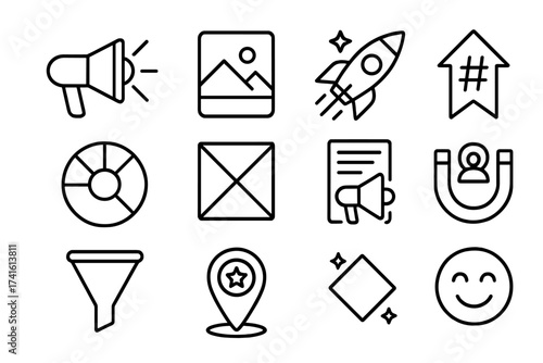 Brand Awareness Icons. Outline icon set of brand awareness building: loudspeaker icon, story icon, logo boost,